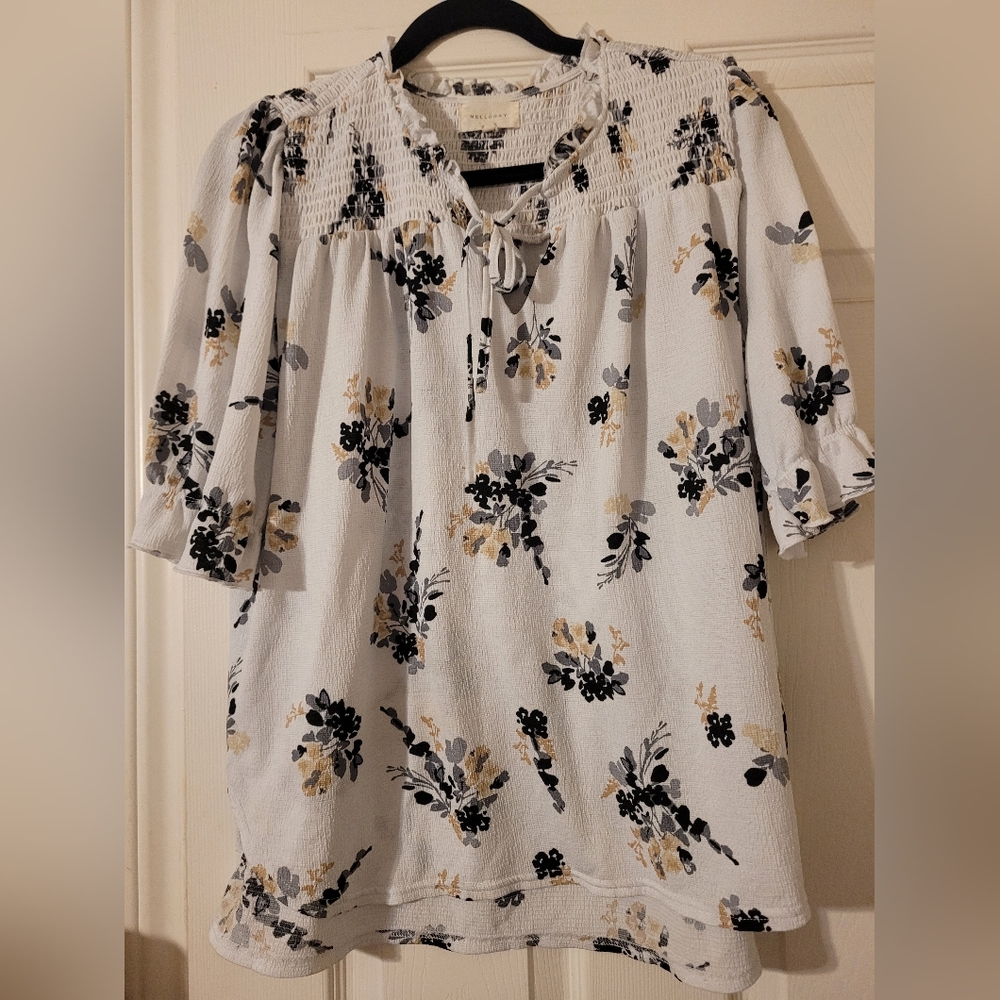 MELLODAY White Floral Smocked Neck Blouse with Black and Tan Flowers